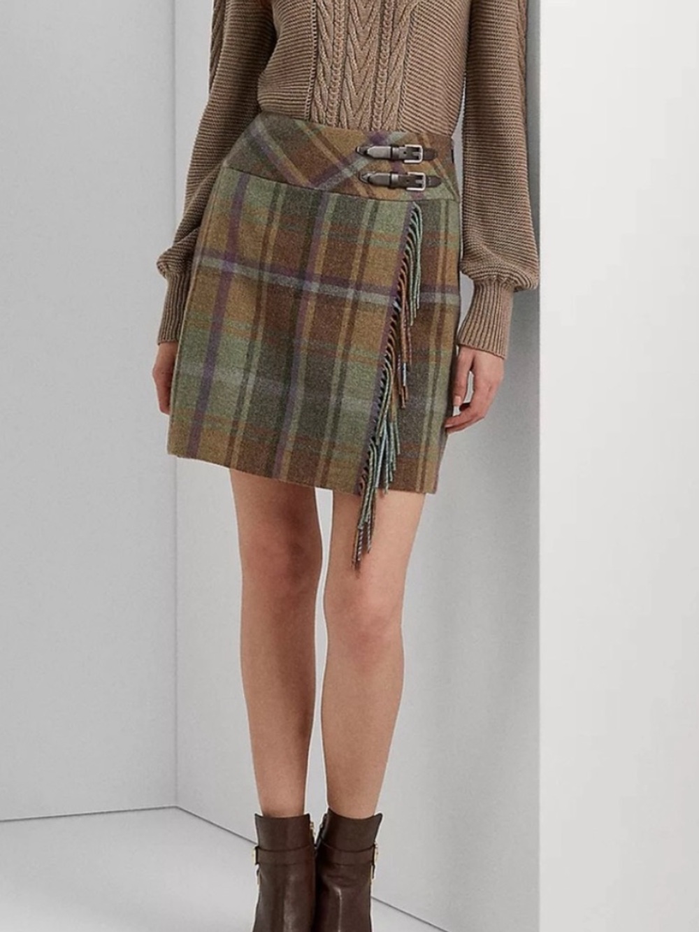 Lauren Ralph Lauren Plaid Fringe Trim Tweed Mini Skirt Buckles Sz 12 Wool Blend